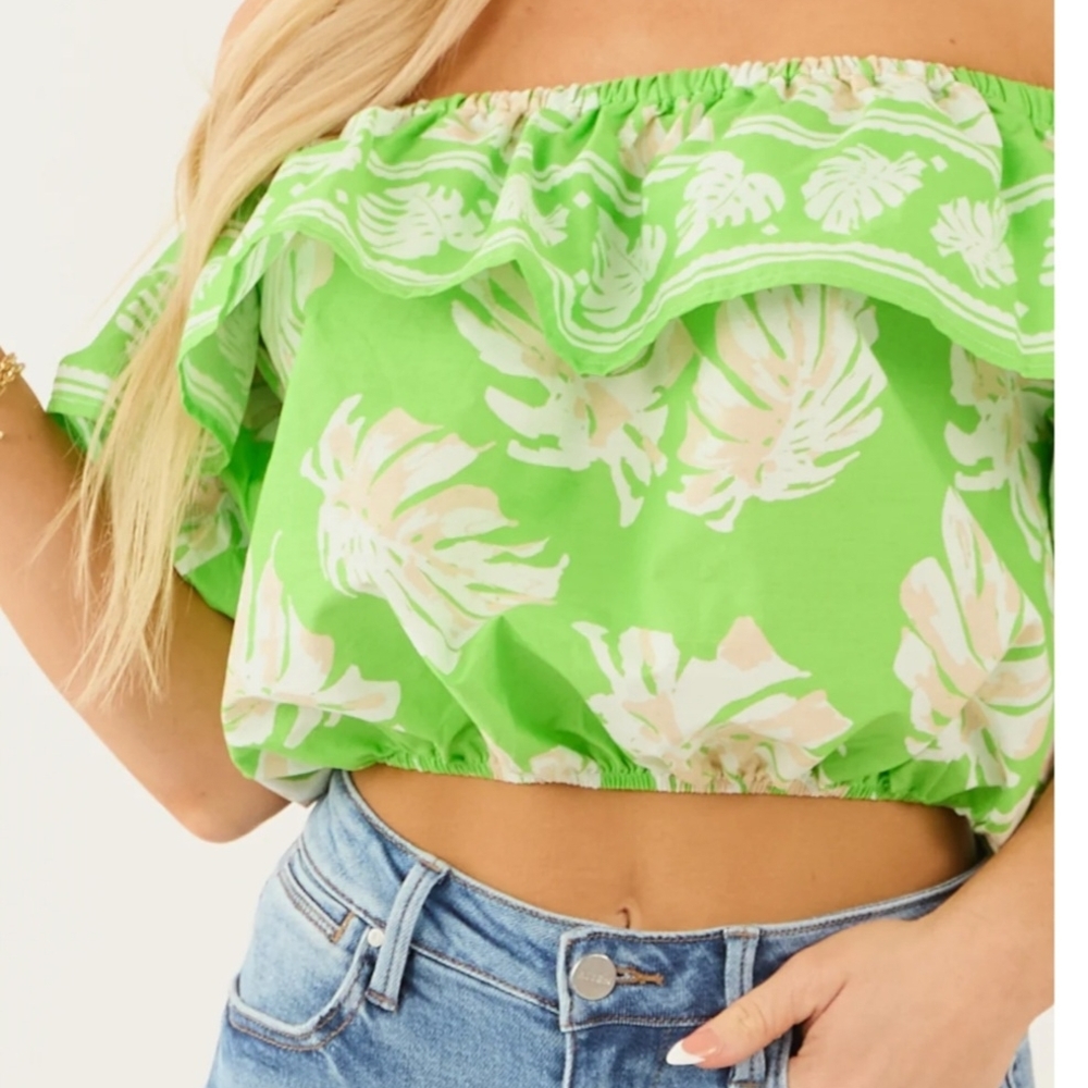 Green Off-Shoulder Leaf Print Top